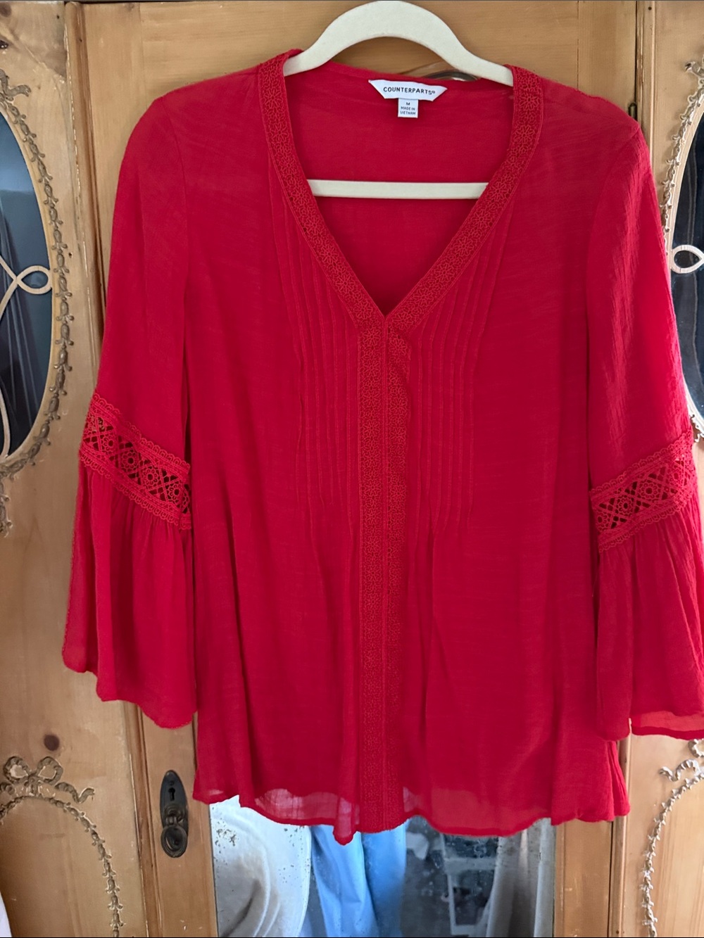 Counterparts Vibrant Red V-Neck Lace Bell-Sleeve Tunic